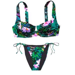 38DD/L VICTORIA SECRET SWIM Lace-Up Top Bikini Set Side Tie Cheeky Bottom Flora